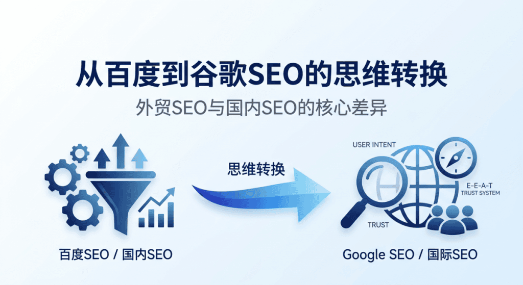 从百度到谷歌SEO的思维转换：外贸SEO与国内SEO的核心差异在哪里？独立站海外获客的实战认知转型指南